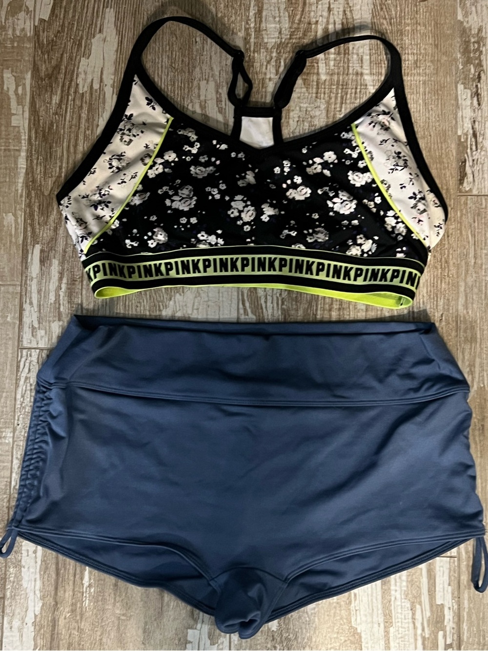 PINK💗VS Bikini! Gym to Swim Active Blue/White Multi Floral Top&Blue Bottom Sz-L!